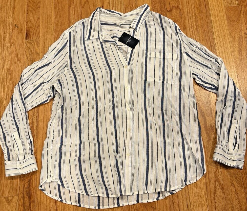 Lucky Brand Shirt Women's XL Blue White Striped Long Sleeve Button Up Casual NWT